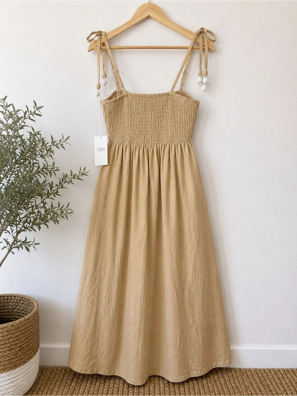 Caroline Constas Beige Midi Dress with White Crochet Lace Appliqué and tie strap